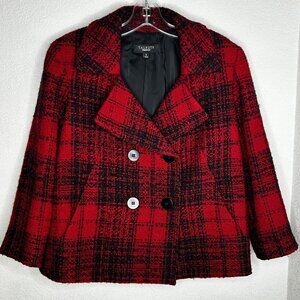 Talbots Jacket Womens 8 Red Black Plaid Wool Blend Double Breasted Peacoat